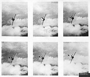 EJECTION OF A MIG PILOT - This unusual sequence of photos, taken by gun camera film of a U.S. Air Force F-86 "Sabre"... - NARA - 542261