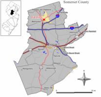 Map of Far Hills in Somerset County. Inset: Location of Somerset County highlighted in the State of New Jersey.
