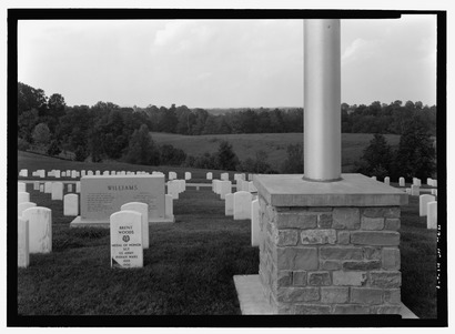 HEADSTONE, BRENT WOODS (US COLORED TROOPS MEDAL OF HONOR) AND BASE OF FLAGPOLE, SECTION B. VIEW TO NORTHEAST. - Mill Springs National Cemetery, 9044 West Highway 80, Nancy, Pulaski County, HALS KY-5-4