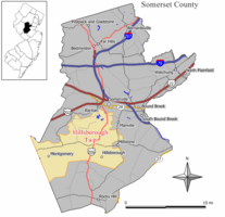 Map highlighting Hillsborough Township's location within Somerset County. Inset: Location of Somerset County in New Jersey.