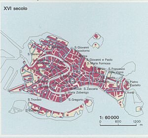Map Urban development - Venezia 1992 - Venezia XVI secolo - Touring Club Italiano CART-TEM-055 (cropped)