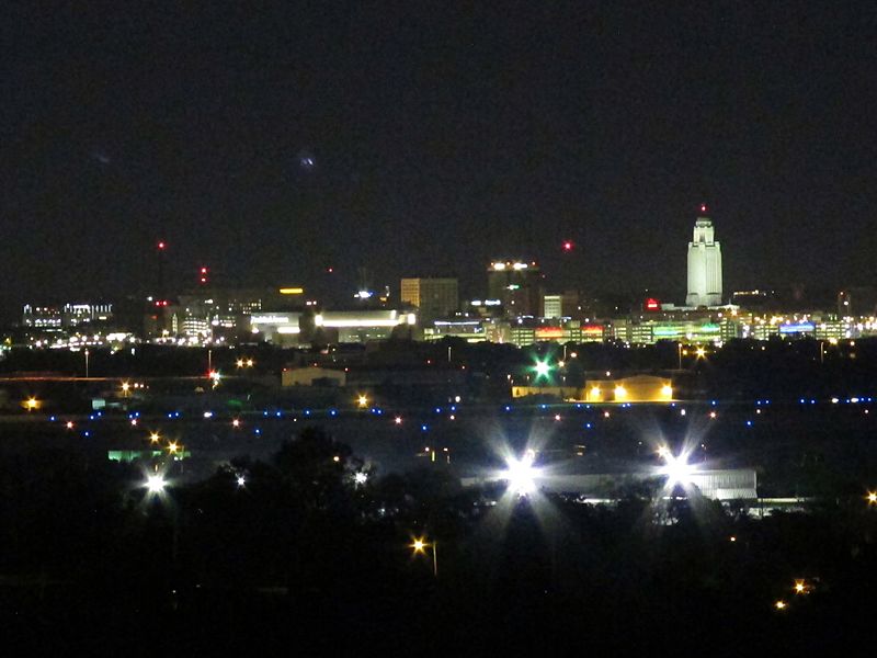 Image Nighttime skyline of downtown Lincoln, Nebraska, USA (2015, from