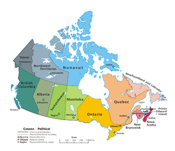 A map of Canada showing its 13 provinces and territories