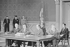 President Nixon and Prime Minister Trudeau at the signing ceremony for the Great Lakes Water Quality Agreement - NARA - 194763 (restored)
