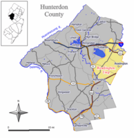 Map of Readington Township in Hunterdon County. Inset: Location of Hunterdon County highlighted in the State of New Jersey.