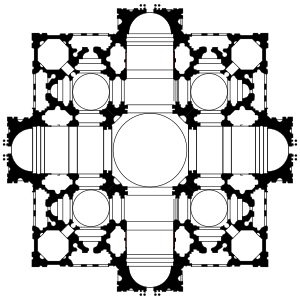 This is plan 1 of 3. The plan is based on a square, superimposed on a cross with arms of equal length. The cross makes the main sections of the church building: nave and chancel crossed by the transepts, with a circular dome over the crossing. There are four smaller domes, one in each corner of the square. The arms of the cross-project beyond the square.