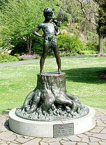 Statue of Peter Pan and Tinkerbell in Dunedin Botanic Gardens, Dunedin, New Zealand