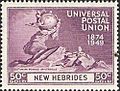 The New Hebrides Condominium 1949 Mi 136 stamp (75th anniversary of the UPU. UPU Monument, Bern, Switzerland)