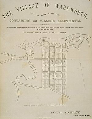The village of Warkworth, on the River Mahurangi containing 89 village allotments (1864) (cropped)