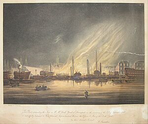 This View representing the Fire in H.M. Dock Yard at Devonport, on the morning of the 27th Sepr, 1840, by W. Clerk, after Nicholas Condy
