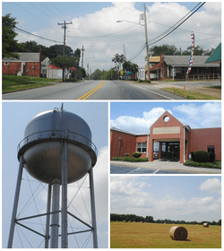 Top, left to right: Main Street, Water tower, Pelzer Elementary School, field with bales of hay