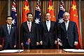 Abbott and Robb signing the Free Trade Agreement with Chinese President Xi and Minister for Commerce Gao Hucheng November 2014