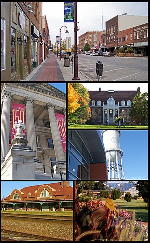 Clockwise from top: Main Street in downtown Ames, Iowa State University Alumni Hall, Marston Water Tower and Hoover Hall at ISU, Reiman Gardens, a train station in Ames, and Beardshear Hall.