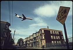 An airplane approaching Logan International Airport in 1973