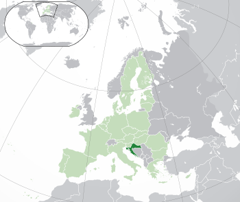 Location of  Croatia  (dark green)– on the European continent  (green & dark grey)– in the European Union  (green)  —  [Legend]