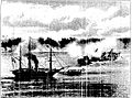 Episódios do dia 17 de junho de 1865. Combate Naval de Riachuelo. A canhoneira Araguary, comandada por Hoonholtz, incendiando o vapor Marquez de Olinda