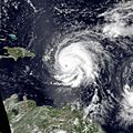 Satellite image of Hugo with Puerto Rico visible immediately to the west of the hurricane's cloudmass