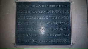 Inscribed brass plaque on east side of pulpit in Llanbadarn Fawr church
