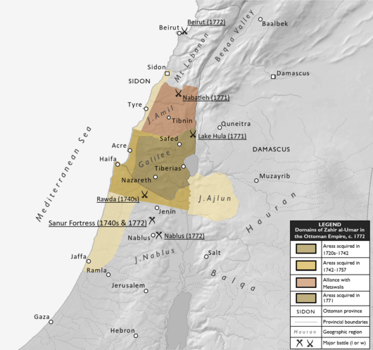 Map of Zahir al-Umar's domains, c. 1772