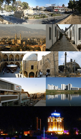 From top to bottom, left to right: The Kyrenia Gate and the İnönü Square, Selimiye Mosque (former St. Sophia Cathedral), historical Samanbahçe neighbourhood, the Büyük Han, Bedesten, Sarayönü and the Venetian Column, the entertainment center of Dereboyu, the Near East Medical School, part of North Nicosia skyline at night