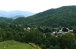 Roan Mountain, the community (foreground, right), and Roan Mountain, the mountain (background, left)