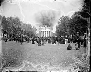 Rufus Holsinger's image of The Rotunda burning in 1895, destroying most of the library collections