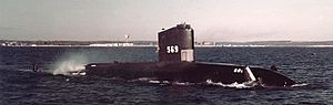 USS Albacore (AGSS-569) underway off Newport, Rhode Island (USA), 11 March 1957 (80-G-K-22262).jpg