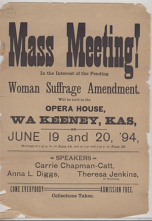 "Mass Meeting!" poster for women's suffrage meeting in Wakeeney, Kansas June 1894