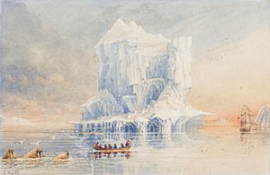 Admiral Sir George Back shows HMS Terror anchored near a cathedral-like iceberg in the waters around Baffin Island (cropped)