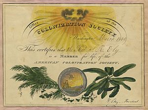 American Colonization Society member certificate (color, Rev. S. R. Ely)