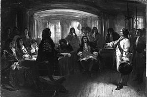 Charles Rochussen - Anno 1690. Schout-bij-nacht Schey verwijt lord Torrington voor de krijgsraad het verlies van de slag bij Kaap Bevesier - SA 4966 - Amsterdam Museum