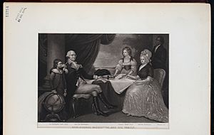 Gen. George Washington and his family. (Geo. Washington Parke Custis, Gen. George Washington, Eleanore Parke Custis, Martha Washington, William Lee) (NYPL Hades-254222-EM13214)