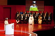 Her Majesty Queen Elizabeth II delivering the inaugural address at the CHOGM 2011 at Perth Convention and Exhibition Centre, in Australia. The Vice President, Shri Mohd. Hamid Ansari and other Heads of States are also seen