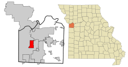 Location of Raytown in Jackson County and Missouri