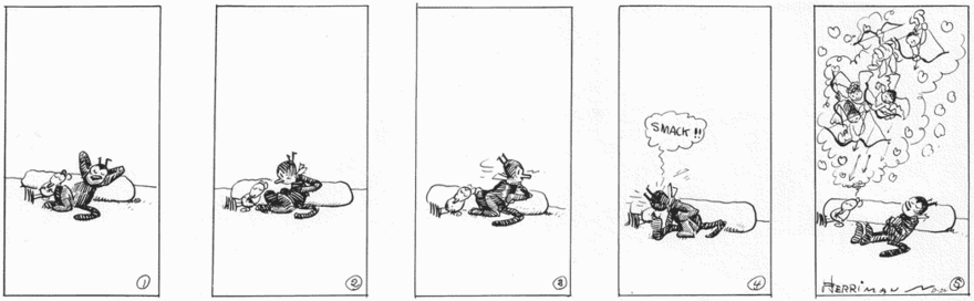 In a five-panel cartoon strip, a cat and a mouse are sleeping. The cat awakens and kisses the mouse, and the mouse dreams of cupids.