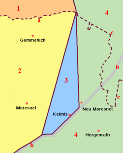      Dutch Province of Limburg (1)     Belgian Liège Province (2)     Neutral Moresnet (3)     Prussian Rhine Province (4)
