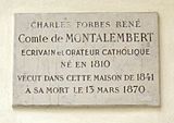 Memorial plaque to Charles de Montalembert, 5 impasse de Valmy, Paris 7.