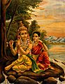 Radha listening to Krishna's flute playing seated by a shore Wellcome V0045056