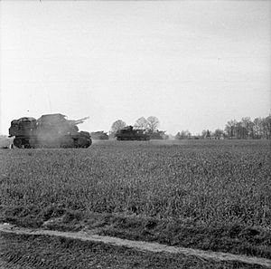 Sexton 25-pdr self-propelled guns of 86th Field Regiment firing against enemy positions in April 1945