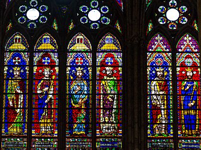Stained glass window in the Basilica of Saint Denis, Paris, France