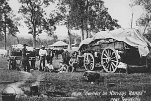 StateLibQld 1 293223 Men and wagons at Harveys Range Hotel near Townsville, ca. 1912