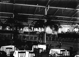 StateLibQld 1 73649 Tables and chairs set up in the woolstore at New Farm, Brisbane, for the Vice-regal ball held in honour of the visiting Duke and Duchess of York, 1927