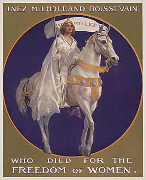 Suffrage poster depicting Inez Milholland Boissevain dressed in white, riding a white horse, as she did for the March 3, 1913 suffrage parade in Washington, D.C. (9558521588)