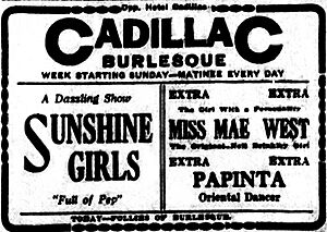 Advertisement for one of the burlesque shows of Mae West, 1915