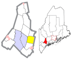 Location of Sabattus (in yellow) in Androscoggin County and the state of Maine