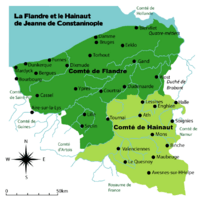 Carte des comtés de Flandre et de Hainaut sous la comtesse Jeanne de Constantinople (1200-1244)