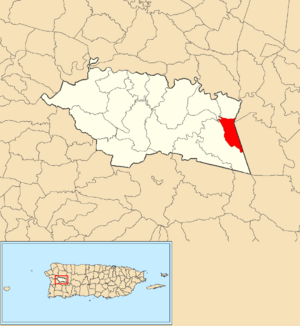 Location of Chamorro within the municipality of Las Marías shown in red