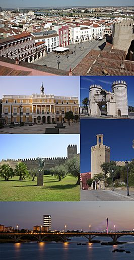 Top:Placa Alta (Alta Square), Second left:Ayuntaniento de Badajoz (Badajoz City Council), Second right:Porta de Palmas, Third left:Alcazaba de Badajoz, Third right:Torre de Espantaperros (Espantaperros Tower), Bottom:A twilight view of Guadiane River and Badajoz Real Bridge