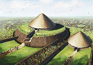 Conjectural reconstruction of Rathcroghan Mound in the late Iron Age, by JG O'Donoghue. Image courtesy of Rathcroghan Visitor Centre. 01