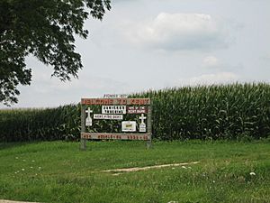 Sign leading into Kent, Illinois, which notes the population of both people and dogs.